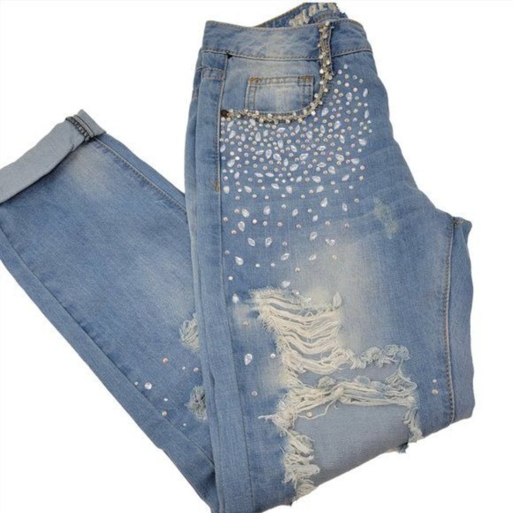 MACHINE Rhinestone Jeans Women's Size Mid-Rise Distressed  Cropped Cuffed